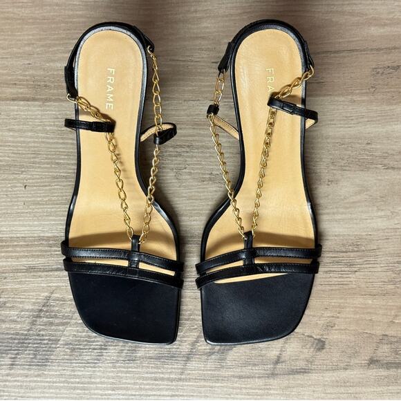 FRAME Le Tati Chain Noir Leather Slingback Sandal Black Gold Chain Size 9 - Picture 8 of 16
